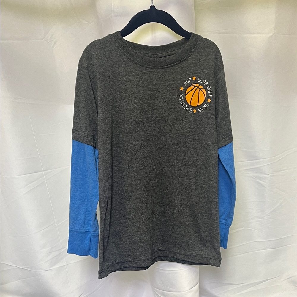 Mish boys Basketball Graphic Long Sleeve Tee - Charcoal and Blue size 6